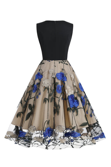 Blue Swing 1950s Dress with Embroidery